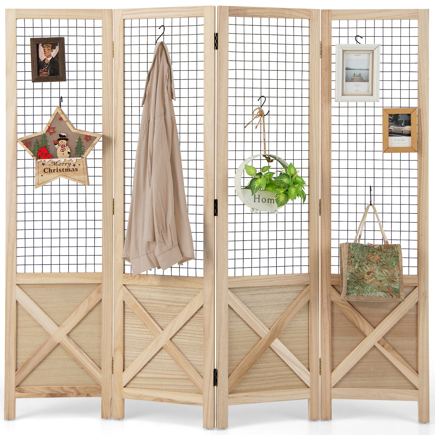 Houten Kamerscherm – Room Divider – Scheidingswand – Vouwscherm – Privacy Scherm – 4 Panelen Met Gridwall – Lichtgewicht Paulownia Hout – Opvouwbaar En Compact