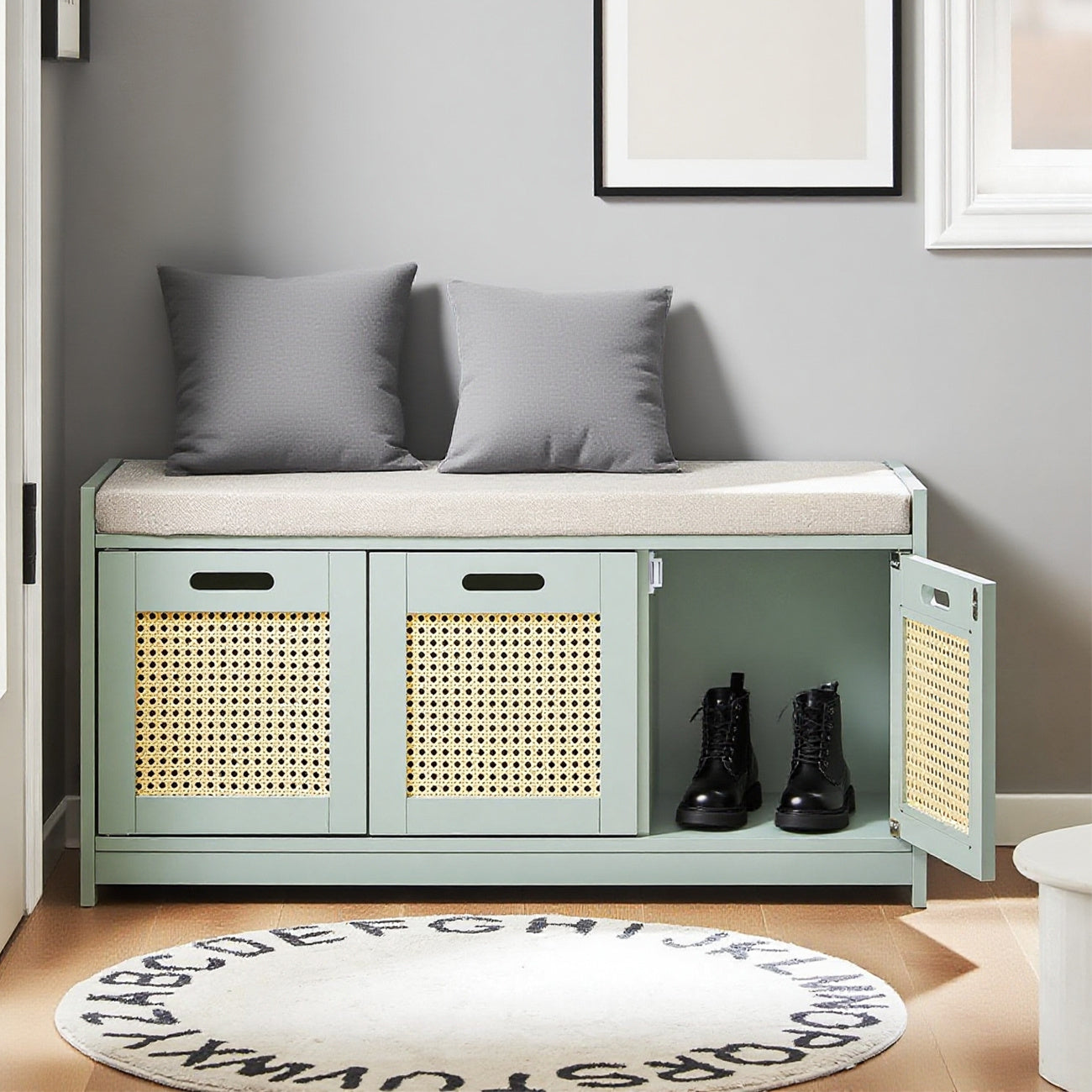 Halbank – Bankje – Zitbank – Opbergbank – Gangbank – Met Lade en 2 Deurtjes – Max. 150 kg – 90x35x45 cm – Groen – Hout