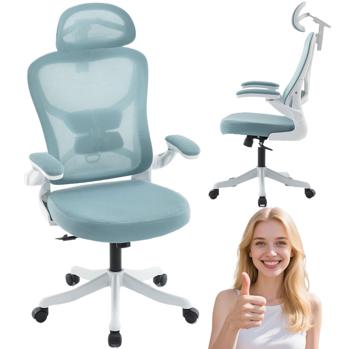 Bureaustoel – Office Chair – Ergonomische Stoel – Draaistoel – Kantoorstoel – Verstelbare Lendensteun – 360° Draaibaar – Memory Foam Zitting – Opklapbare Armleuningen – Hoofdsteun – Zwart-Cyaan