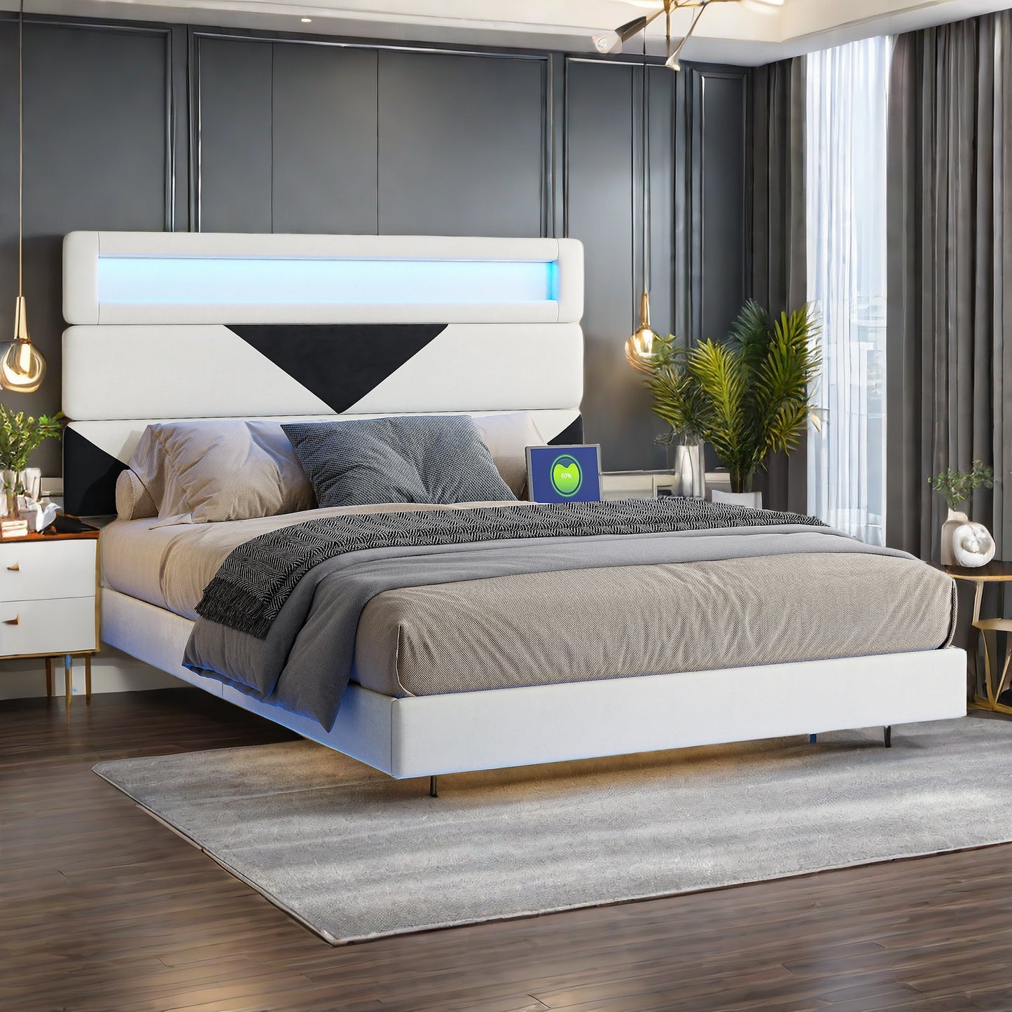 Bedframe – Tweepersoonsbed – Gestoffeerd Bed – Slaapbank – Opbergbed – 160x200 cm – Fluwelen Hoofdbord – LED Verlichting met USB & Type-C Poorten
