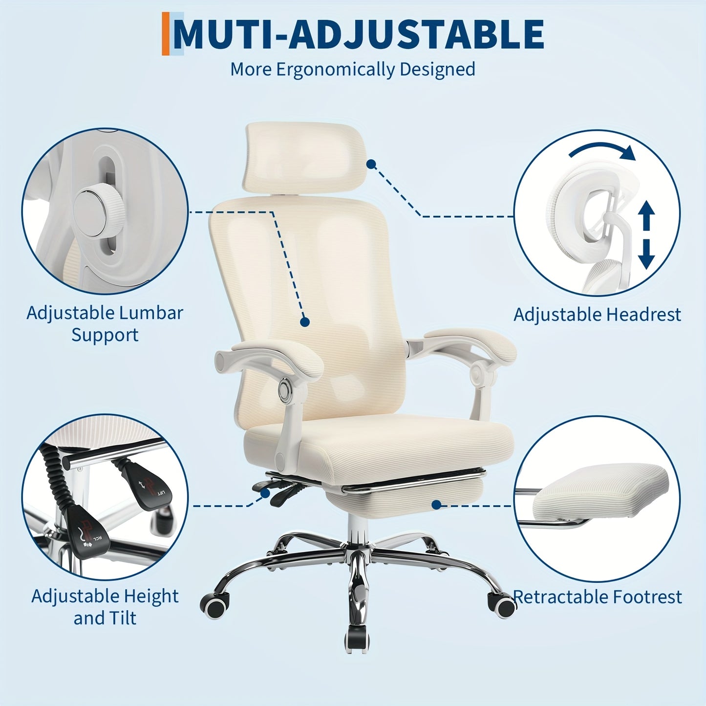 Ergonomic Office Chair with Footrest - Adjustable Lumbar & Headrest Support, High-Back Mesh Back Executive Desk Chair with 360° Swivel, PU & Footrest - Heavy-Duty Task Chair Suitable for & Office, Assembly Required