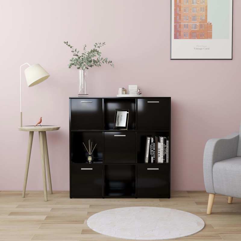 Zwarte Houten Boekenkast – Boekenkast Meubel – Staande Plank – Opbergrek – Wandkast – 90x30x90 cm – 6 Vak Compartimenten – Vrijstaand Modern Design