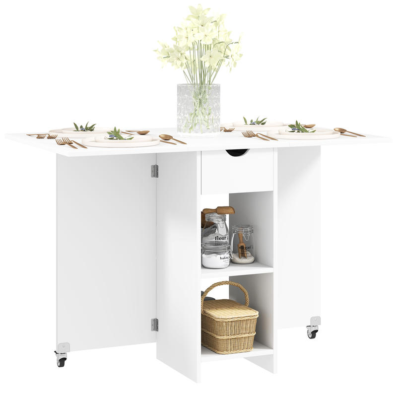 Opklapbare Eettafel – Inklapbare Tafel – Uitklapbare Tafel – Vouwtafel – Ruimtebesparende Tafel – Voor 2-4 Personen – Hardhouten Constructie – Met Opbergruimte En Wieltjes