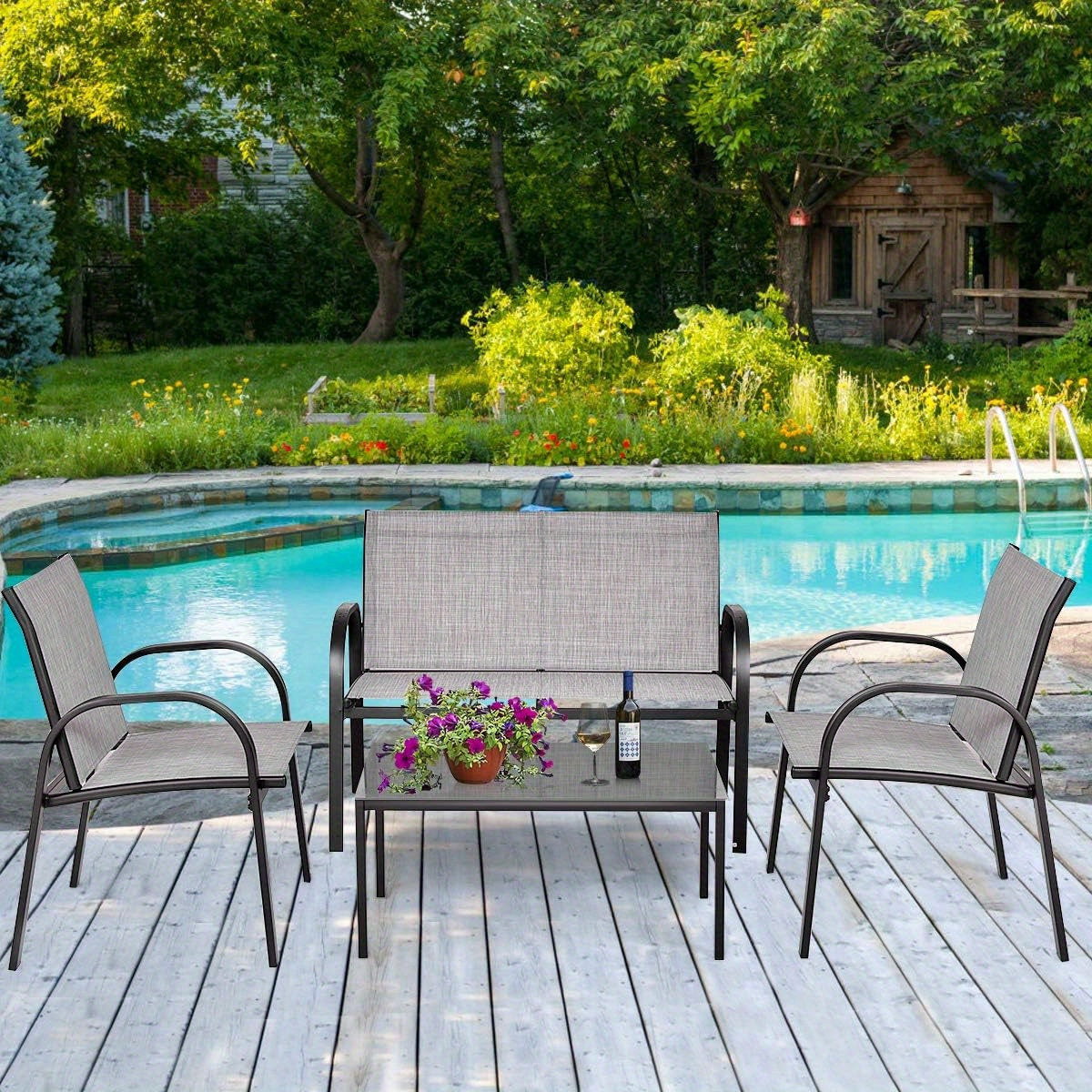 Tuinmeubelen – Loungeset – Zitgroep – Balkonset – Loungeset Balkon – Weerbestendig Stalen Frame – Ademend Waterafstotend Stof – Inclusief Glazen Koffietafel