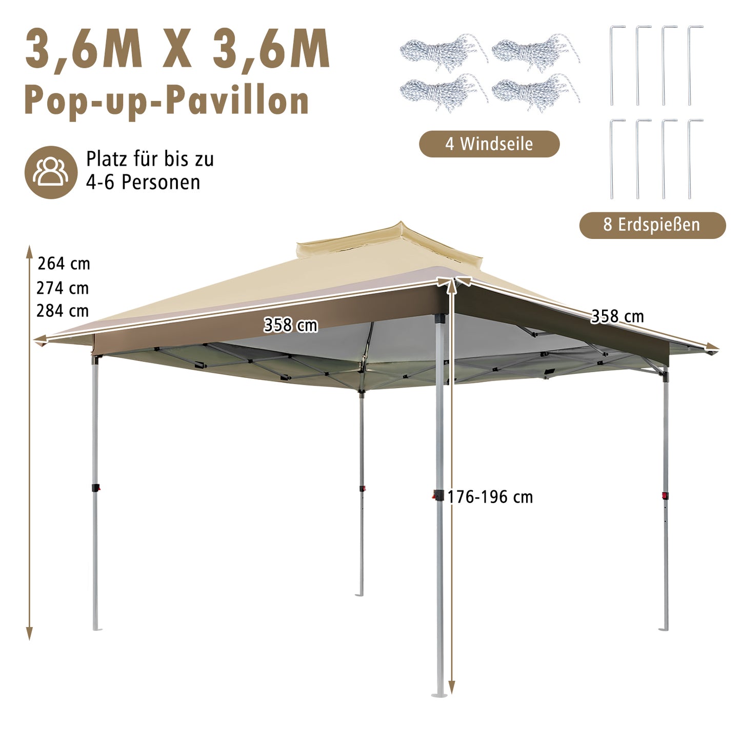 Pop-up Partytent – Vouwtent – Tuin Tent – Schaduw Tent – Evenemententent – 360 x 360 cm – Verstelbare Hoogte & Afneembare Muskietennetten