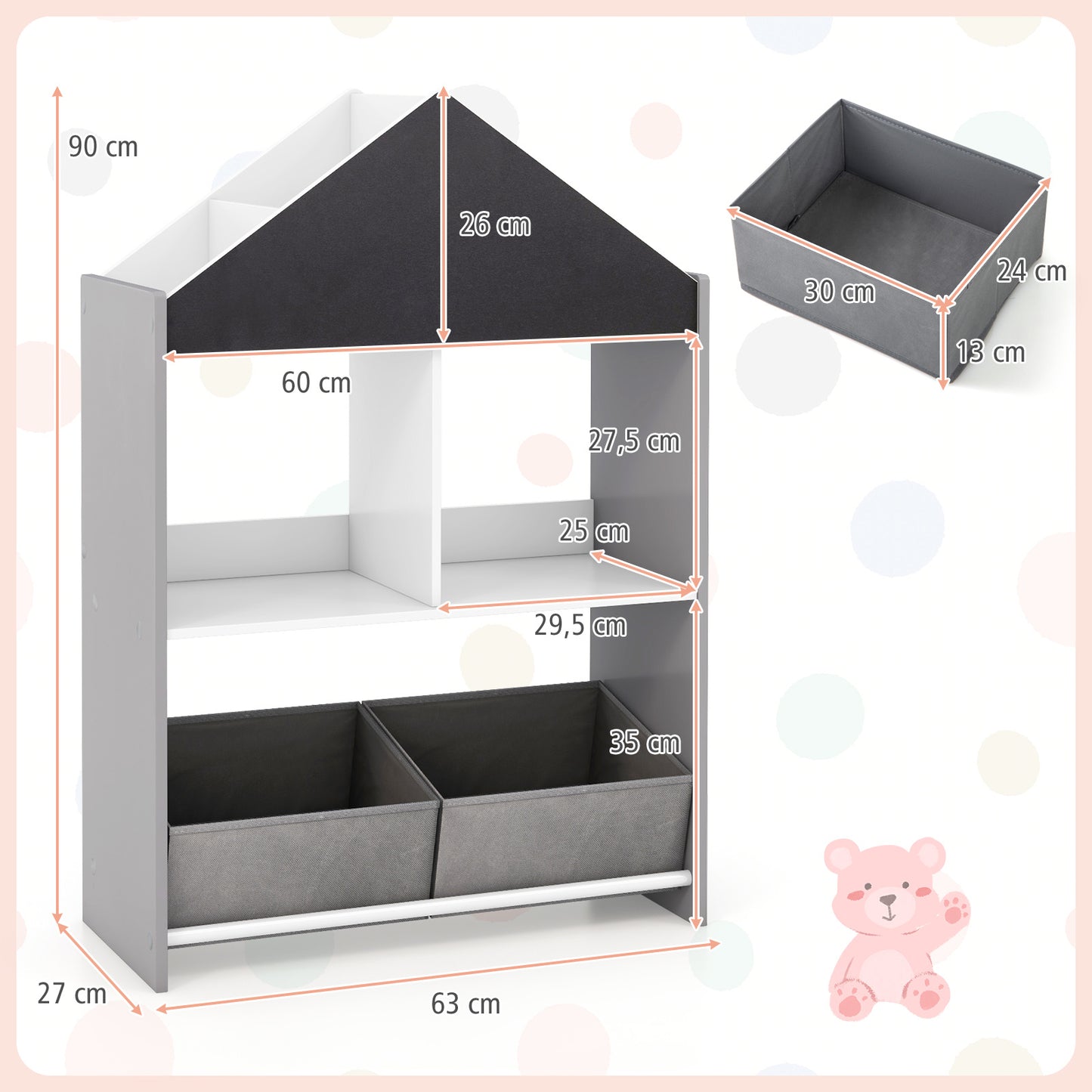 Kinderboekenkast – Kinderboekenrek – Speelgoedkast – Boekenplank – Opbergkast – MDF Hout – Krijtbord & Whiteboard – 4 Vakken & 2 Stoffen Lades – Kindvriendelijk 90 cm Hoog