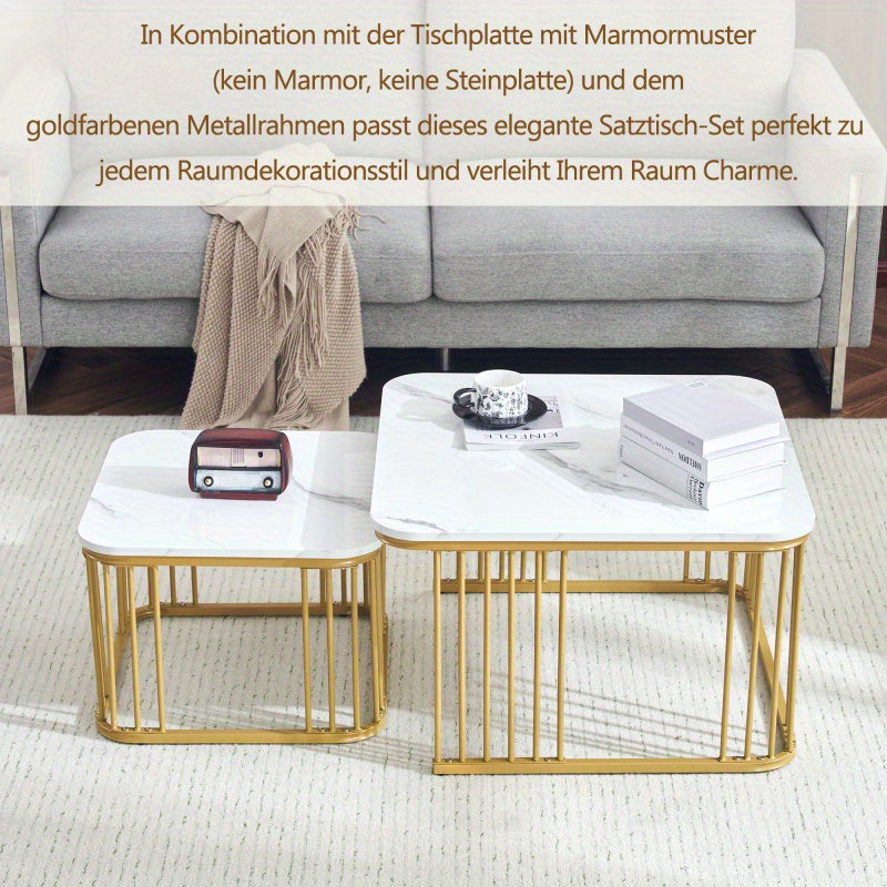 Salontafel Set – Bijzettafel – Tafeltje – Woonkamertafel – Tafel Vierkant – Hoogglans Marmerlook – Gouden Poten – Verstelbare Voetjes – MDF – 70x70x45 & 50x50x36,5 cm