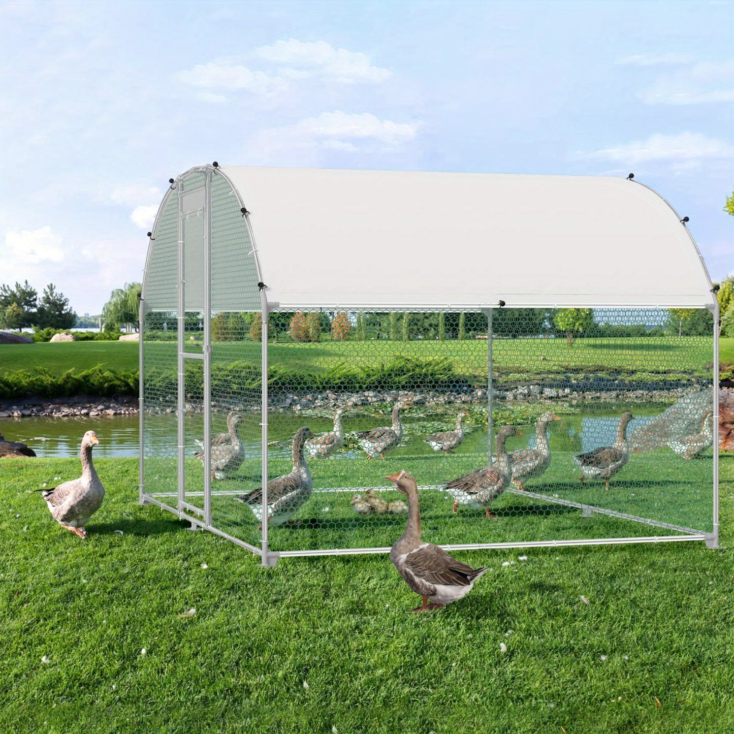 Chicken Coop 300x200x185cm Free-Range Enclosure Cages Small Animal Coop Galvanized Steel Chicken Cage Poultry Coop Aviary with PE Roof Outdoor Enclosure with Lock Poultry Coop, Dome Roof