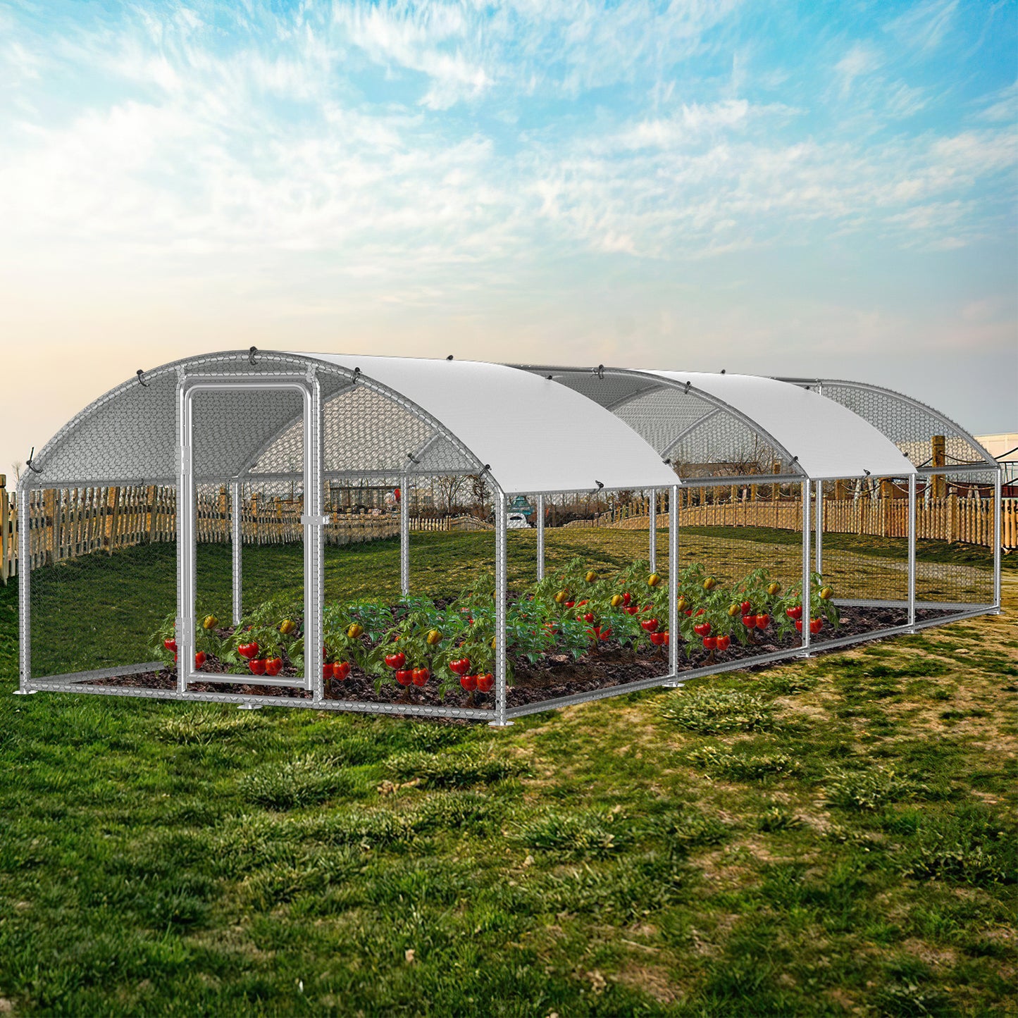 Chicken Coop Free-Range Enclosure, 3X2X2M/3X4X2M/3X6X2M/3X8X2M Galvanized Steel, Chicken House Dome Roof with Lock And Pe-Colored Tarpaulin, Easy to Clean, for Chicken Cage Bird Cage.