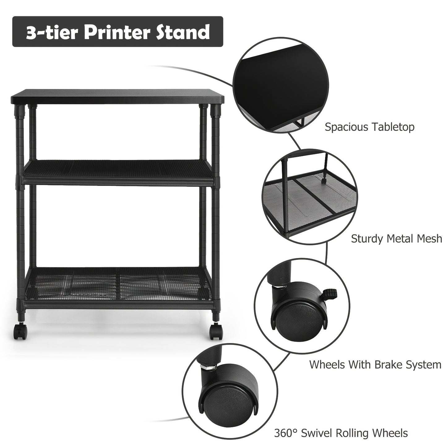 3-laags Printerstandaard – Printertafel – Opbergkast – Bureauwagen – Mobiele Printerkar – Hardhouten Frame – 360° Zwenkwielen Met Rem
