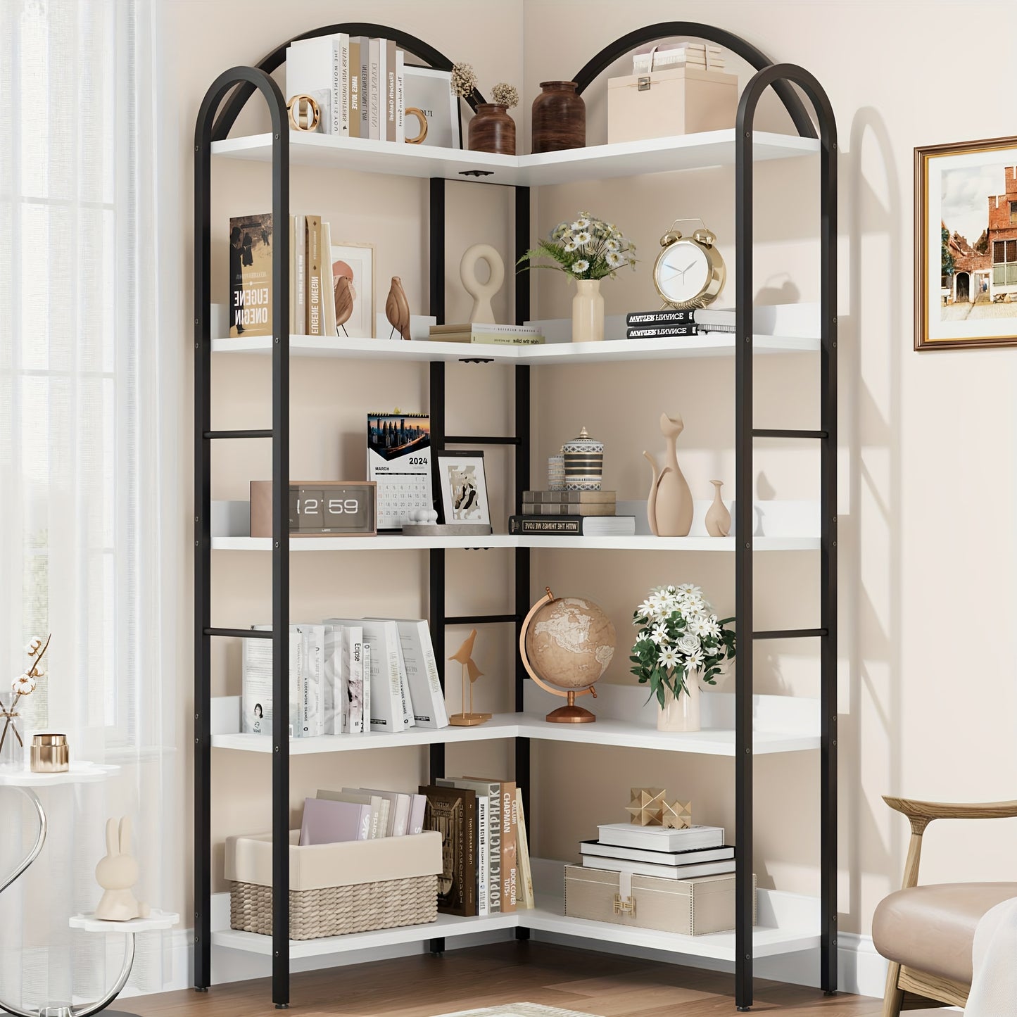 Boekenkast – Boekenplank – Wandrek – Kasten – Opbergkast – Extra Hoge 5-Lagen L-Vormige Boekenplank – Industrieel Metaal & MDF – 173,99 cm Hoog – Zwarte Hoekschilf Unit