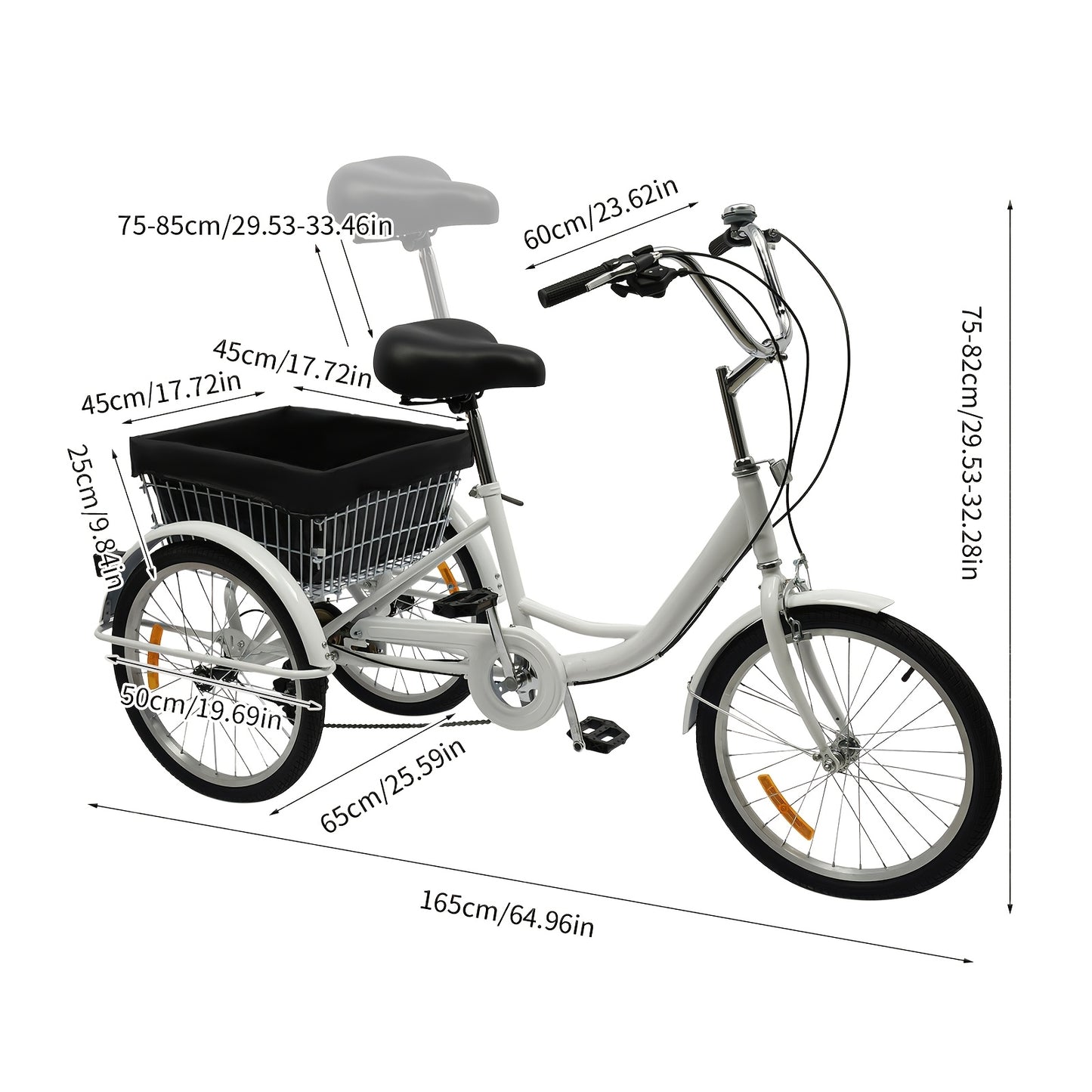 Driewieler – Driewieler Fiets – Volwassenen Driewieler – Driewieler Met Mand – Driewieler 3-Wiel – Wit – 50,8 cm – 8 Versnellingen – Verstelbaar Zadel