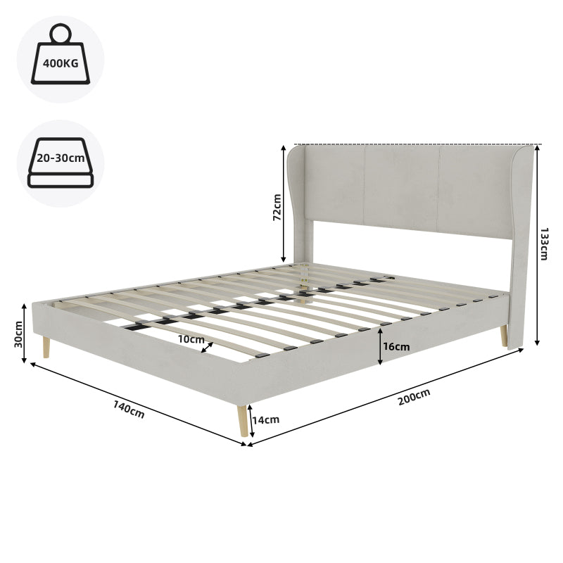 Modern Minimalist Upholstered Bed Frame with Plush Headboard - Queen/King Size (140x200cm), Beige Low-Profile Non-Storage Base, No Box Spring/European Mattress Compatible, Easy Assembly, Durable Non-Wood (Mattress Not Include