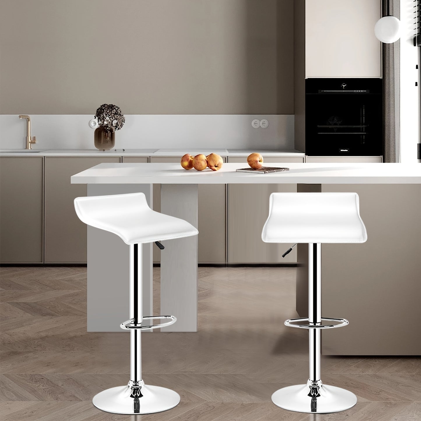Barstoel – Barkruk – Barstoel Keuken – Barkrukken Set – Barstoelen – Verstelbare Zithoogte 55-75 cm – 360° Draaibaar – Wit PU Leer – Met Metalen Onderstel