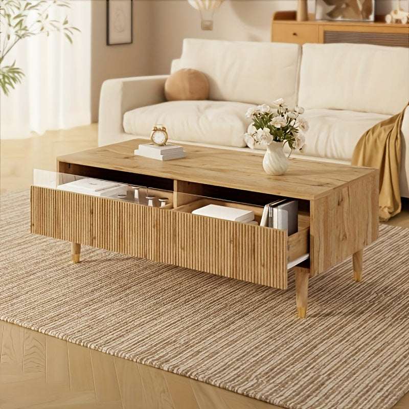 Salontafel – Woonkamertafel – Koffietafel – Bijzettafel – Opbergtafel – Modern – Twee Laden – Duurzaam Composiet – Natuurlijk Beige/Bruin – Ruimtebesparend – Gemakkelijk Montage