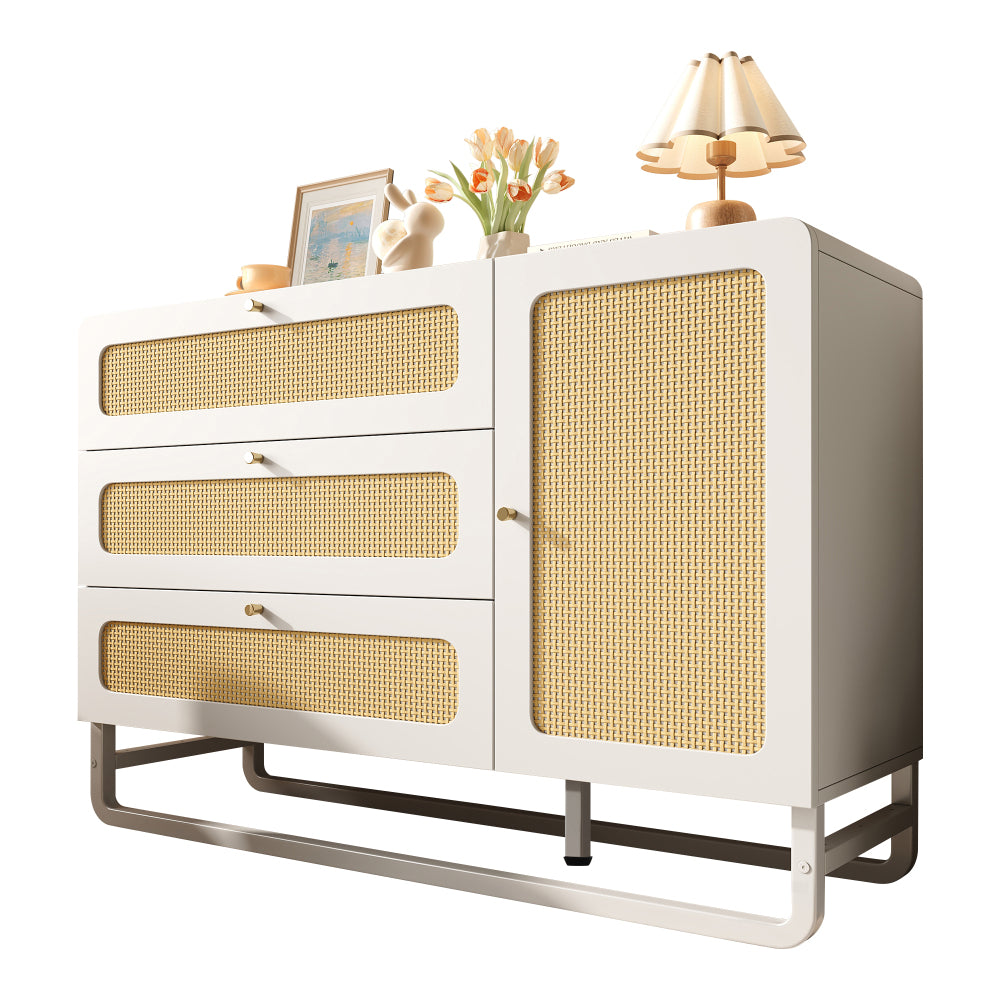 Dressoir – Sideboard – Opbergkast – Ladekast – Buffetkast – Modern Design – Vlechtwerk Met Gouden Accenten – 3 Lades & Deur – Verstelbare Planken – Anti-Kantelbeveiliging – Ruimtebesparend 120x85x40 cm