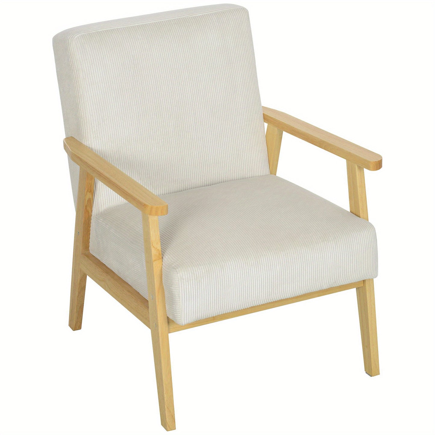 Fauteuil – Lounge Stoel – Armstoel – Relaxstoel – Leunstoel – Crèmewit Met Houten Poten – Fluweelachtige Cordstof – Zitkussen 16 Cm Dikte