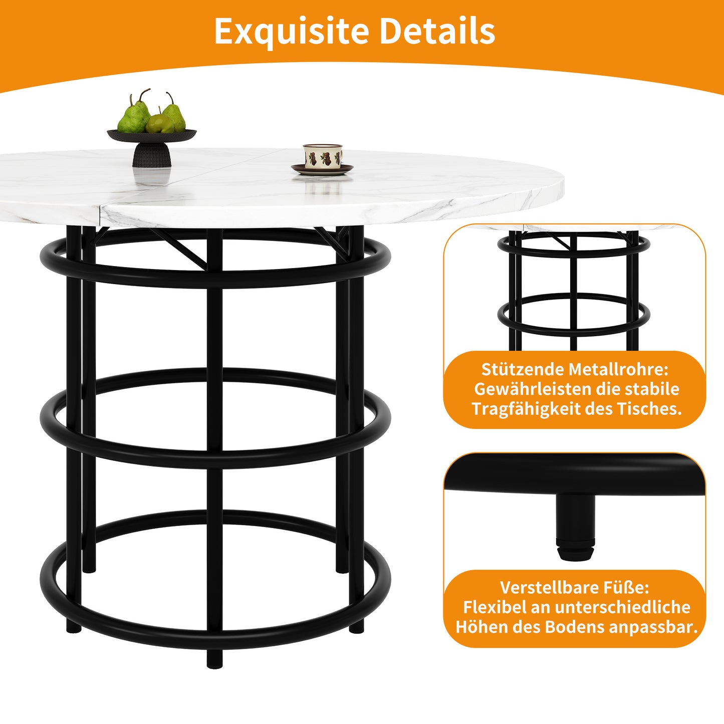 Ronde Eettafel – Eettafel Rond – Keukentafel – Tafel Marmerlook – Eettafel Metaal Zwart – 100 cm Diameter – Verstelbare Poten