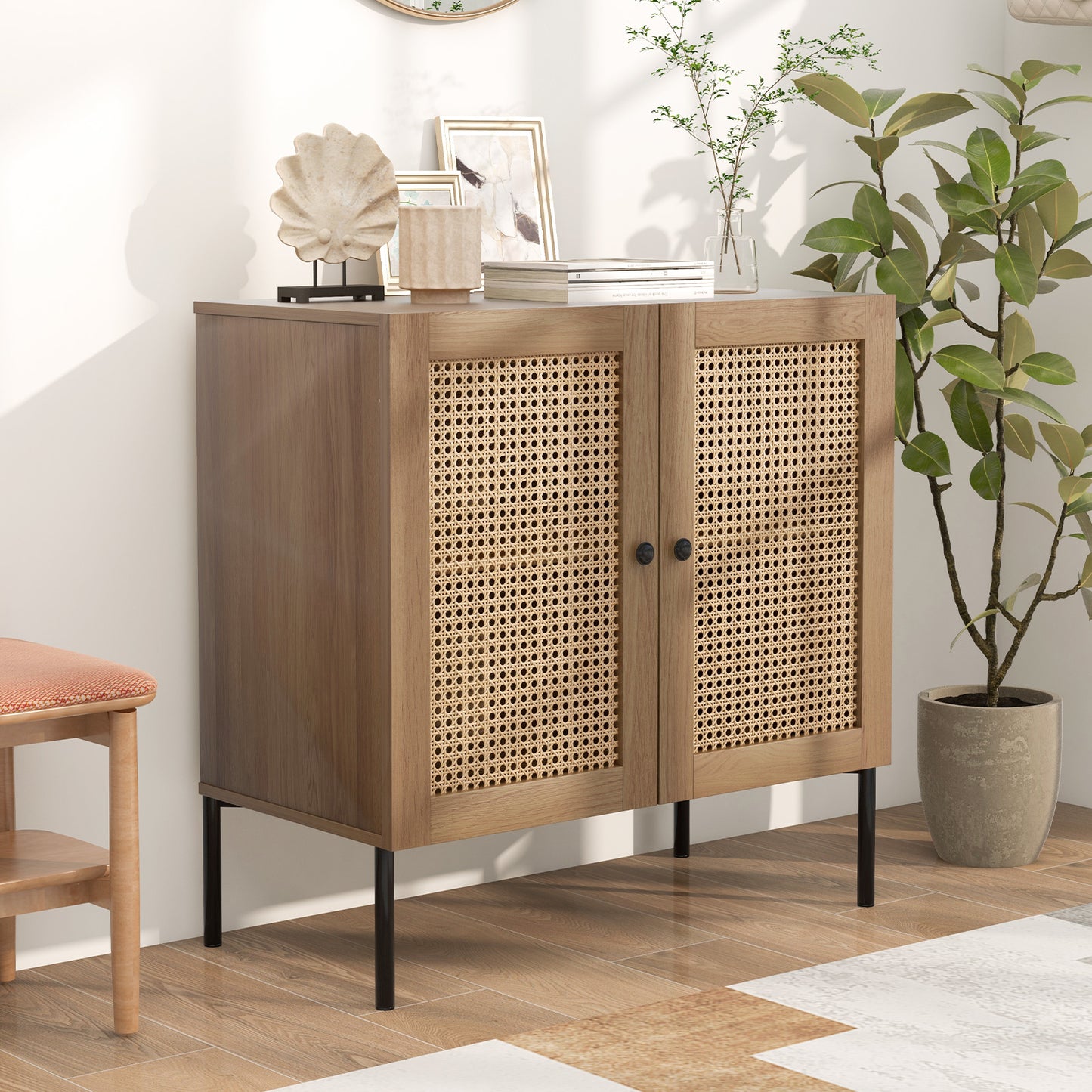 Dressoir – Ladekast – Opbergkast – Buffettafel – TV-Kast – Kunstrotan Deuren – Verstelbare Plank 80x40x80 cm – Metalen Poten