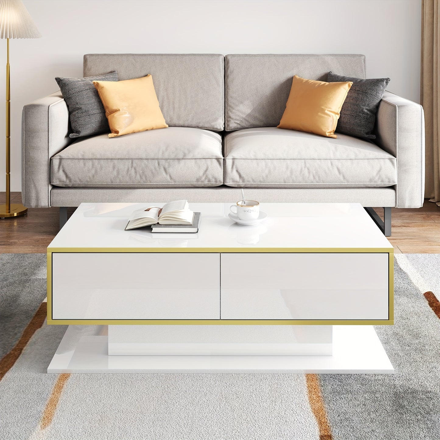 Salontafel – Woonkamertafel – Bijzettafel – Koffietafel – Tafeltje – Hoogglans Wit – Gouden Accenten – 3 Lades Met Open Vakken