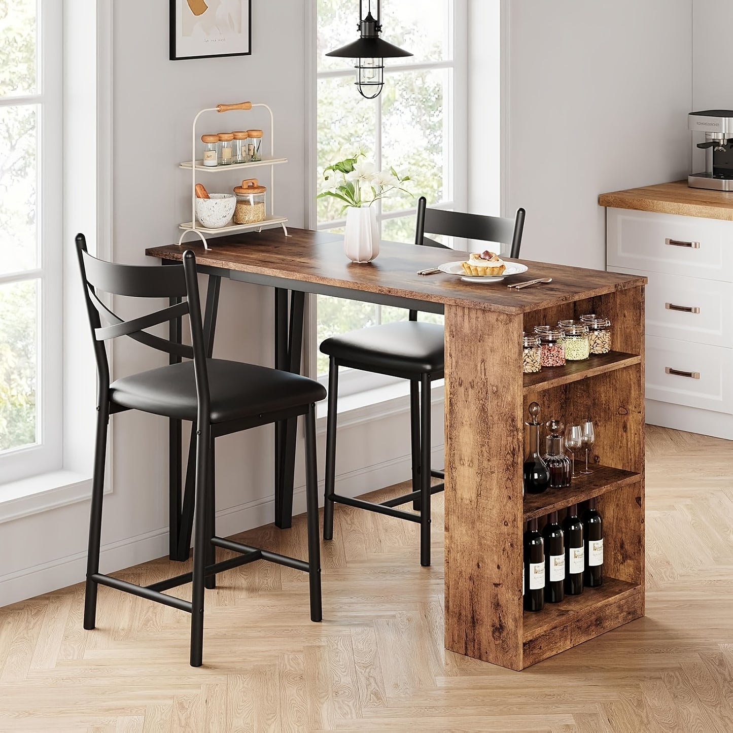 2pcs or 3pcs Drop Leaf Dining Table Set with Upholstered Chairs & 3-Tier Storage Shelves - Space-Saving Counter Height Folding Design, Rustic Farmhouse Style