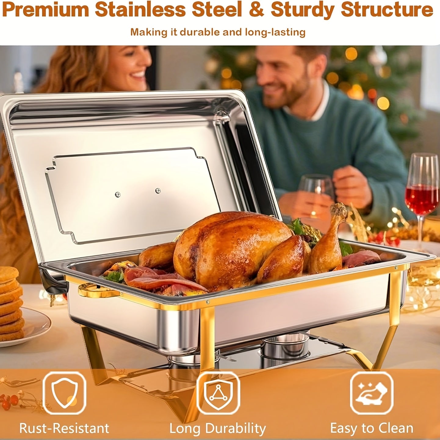 Golden Chafing Dish Buffet Set, 8QT High Grade Chafing Dishes for Buffet, Chafers and Buffet Warmers Sets for Wedding, Rolled-Edge Design, Only For Cooking