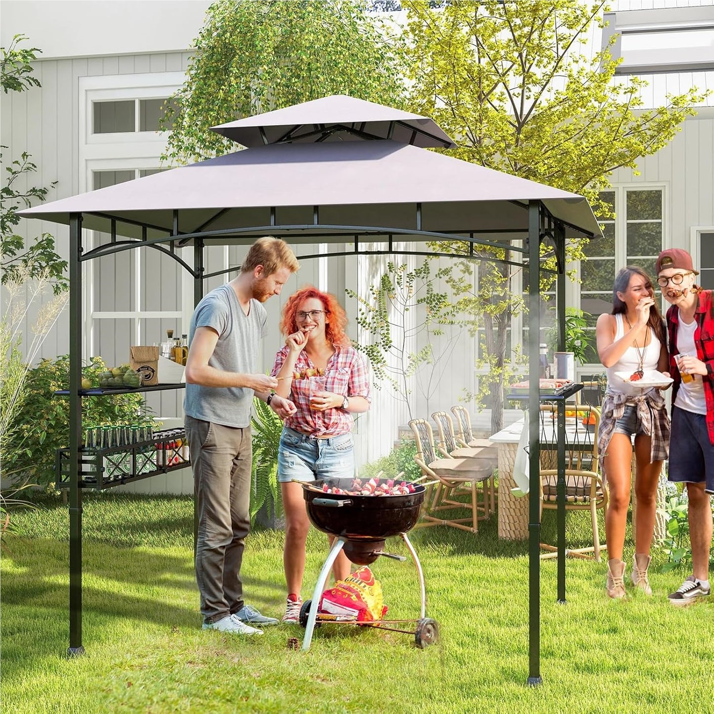 Grillpaviljoen – Barbecueoverkapping – Grill Shelter – BBQ Tent – Buitenkeuken – Dubbel Dak – Weerbestendige Polyester Kap – 242 x 153 x 250 cm – Met Zijtafels en Flessenopener – Metaalframe