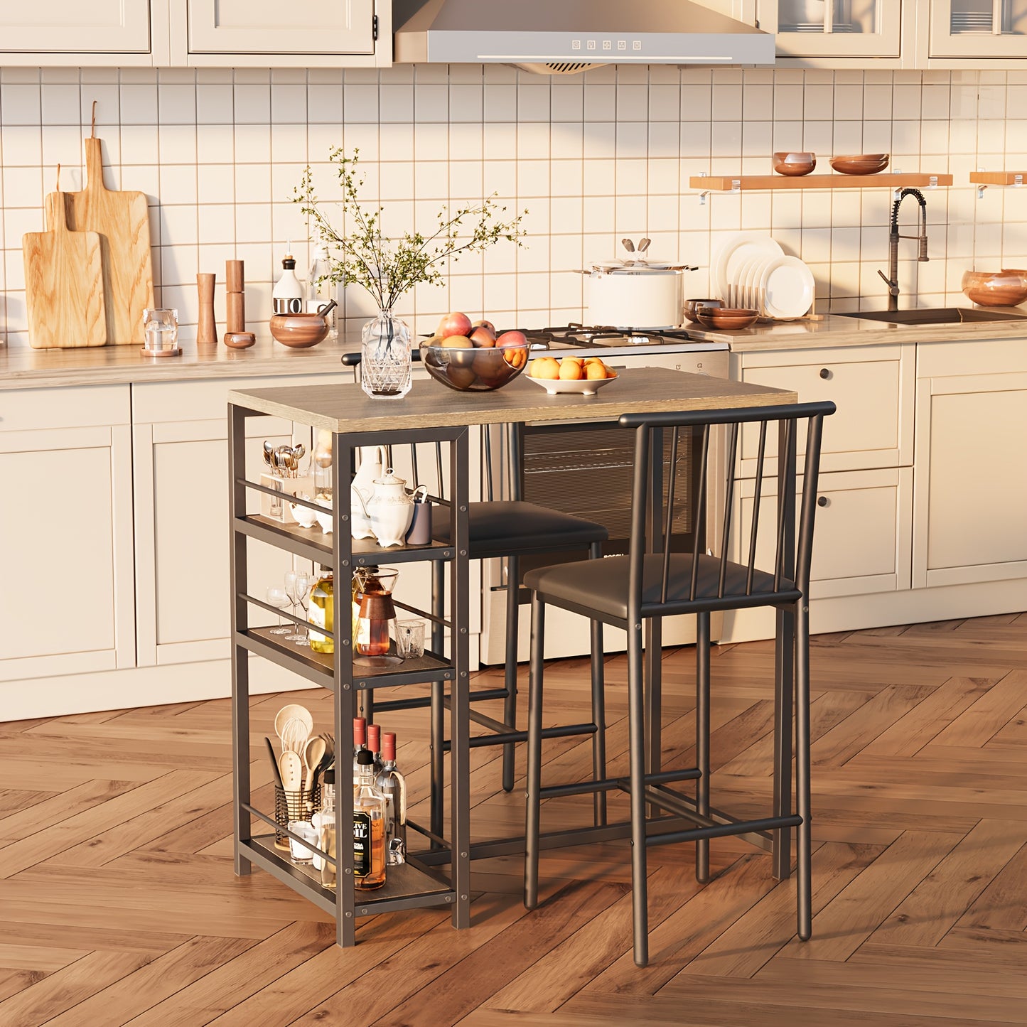 Eettafelset – Eetkamerset – Keukentafelset – Bistroset – Tafel met Stoelen – Compact Ontwerp – Hardhouten Constructie – Donkerbruin/Zwart – Met Opberglade en Gestoffeerde Rugleuningstoelen