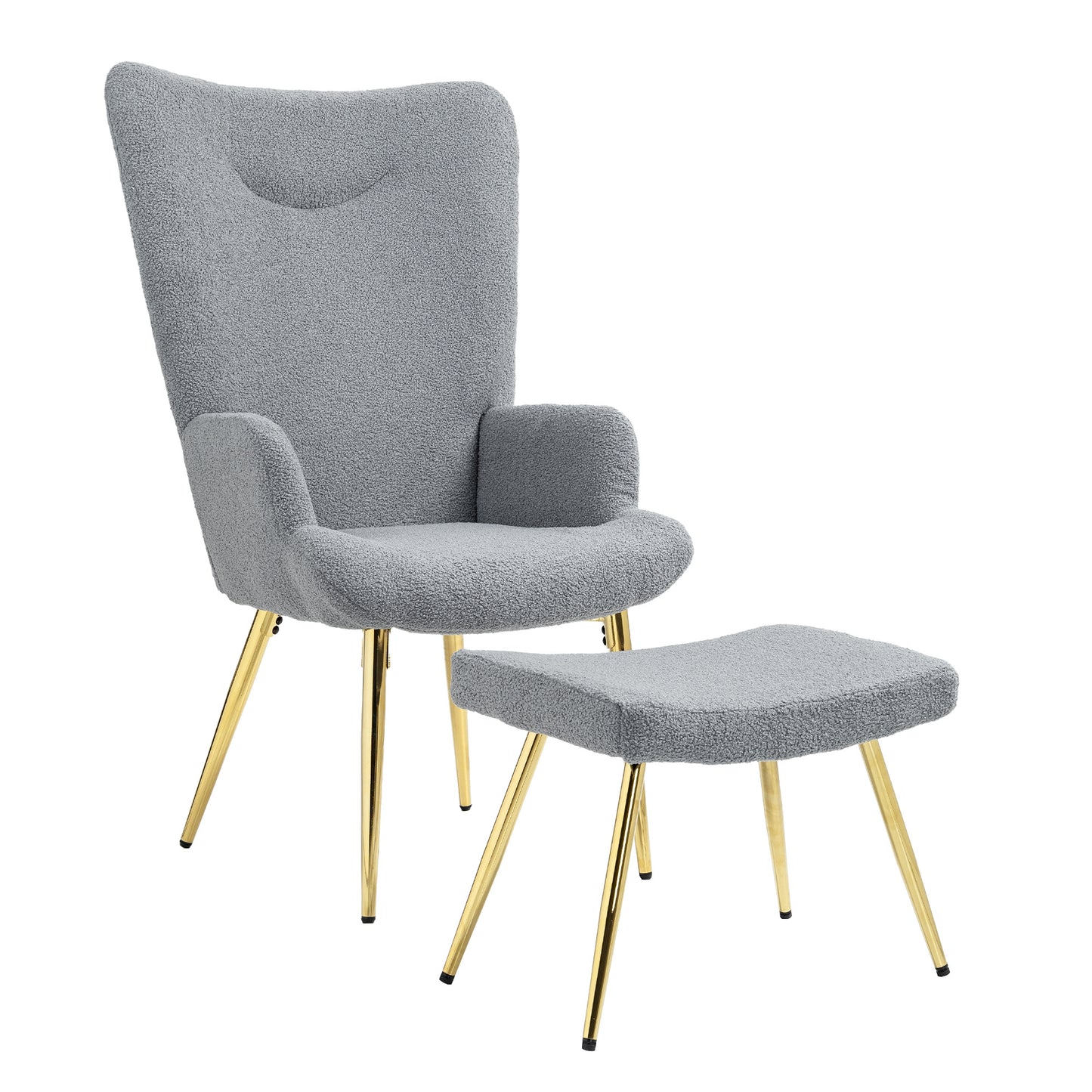 Fauteuil – Lounge Chair – Leunstoel – Relaxstoel – Zitstoel – Met Voetenbank – Ergonomische Hoog Rugleuning – Goudkleurige Metalen Pootjes – Grijs Stof – Modern Design
