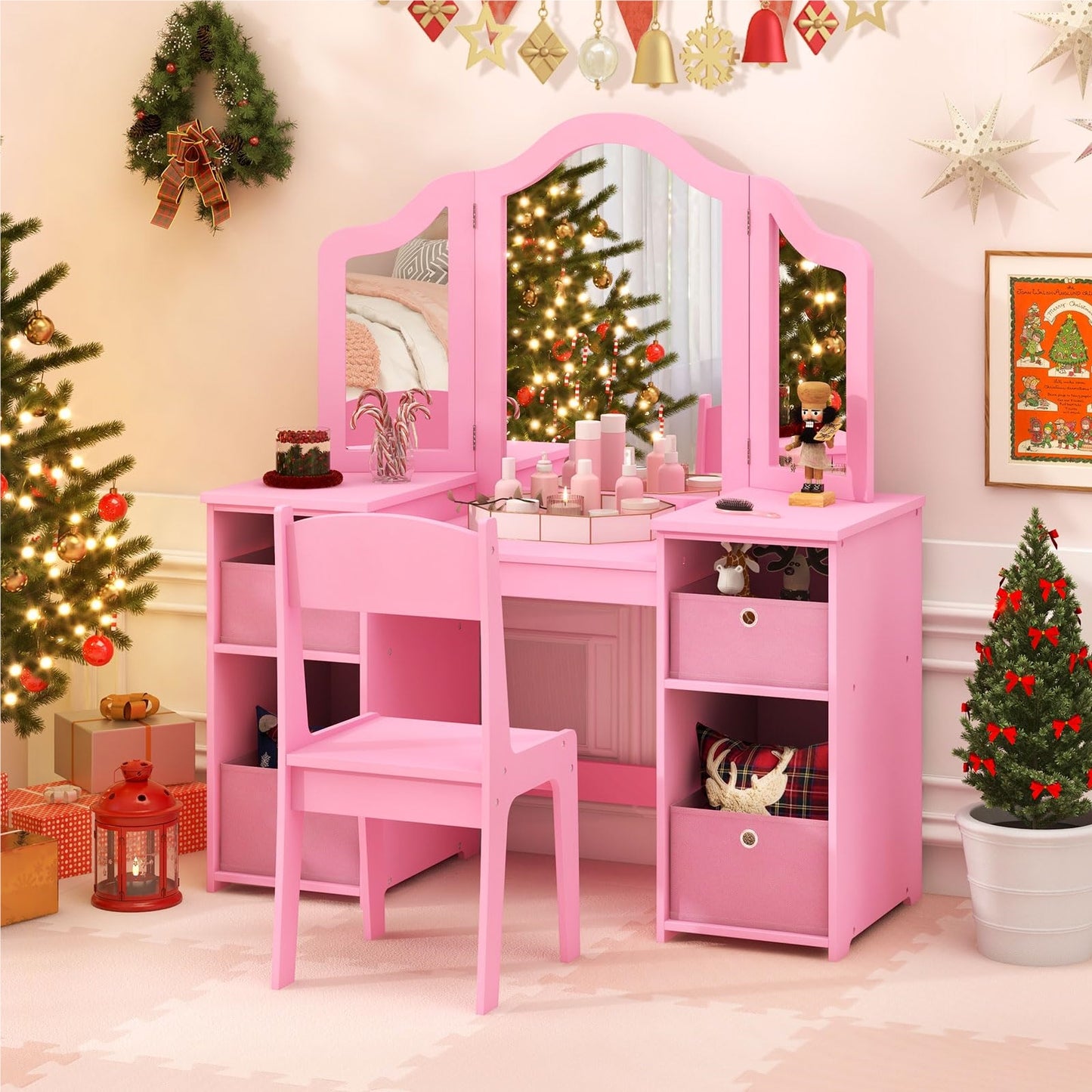 Kinder Make-up Tafel – Schminktafel – Speeltafel – Vanity – Kaptafel – 2-in-1 Met Verwijderbare Spiegel – Inclusief Opslagboxen – Roze