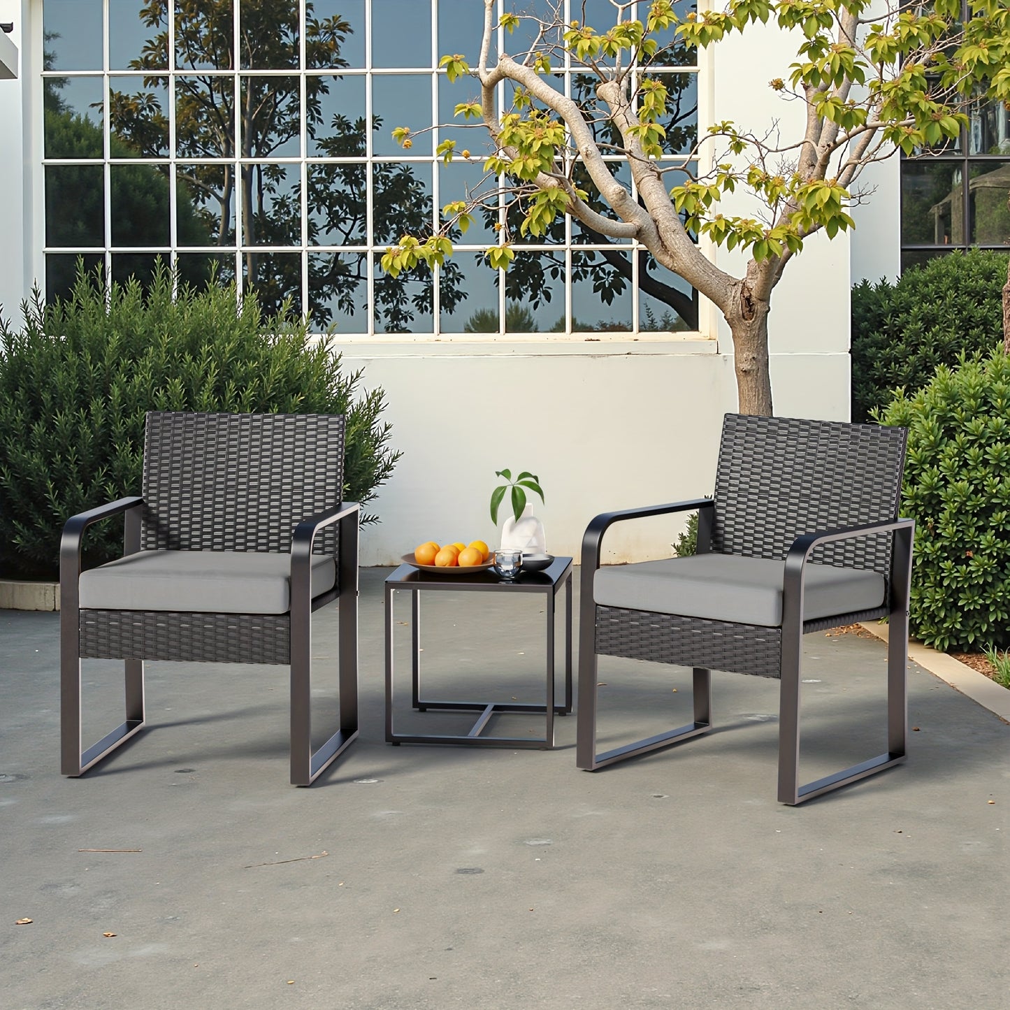 Tuinset – Balkonset – Bistroset – Loungeset – Polyriet – 3-delig – Weerbestendig Rattan – Glazen Tafelblad