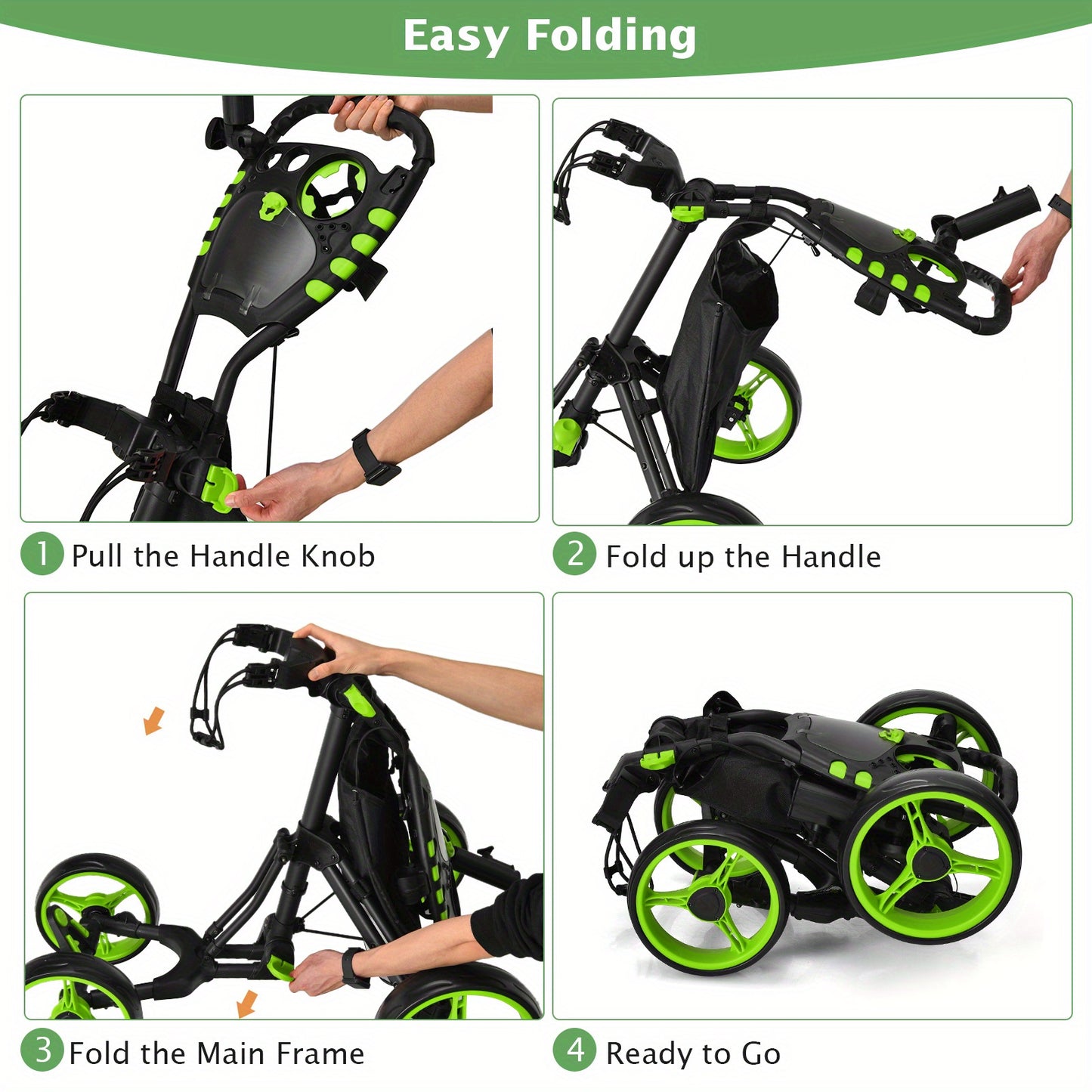 Golf trolley – Golfkar – Golfbuggy – Golftrolley – Golfwagen – Lichtgewicht aluminium frame – Verstelbaar handvat met voetrem – Lichtgroen