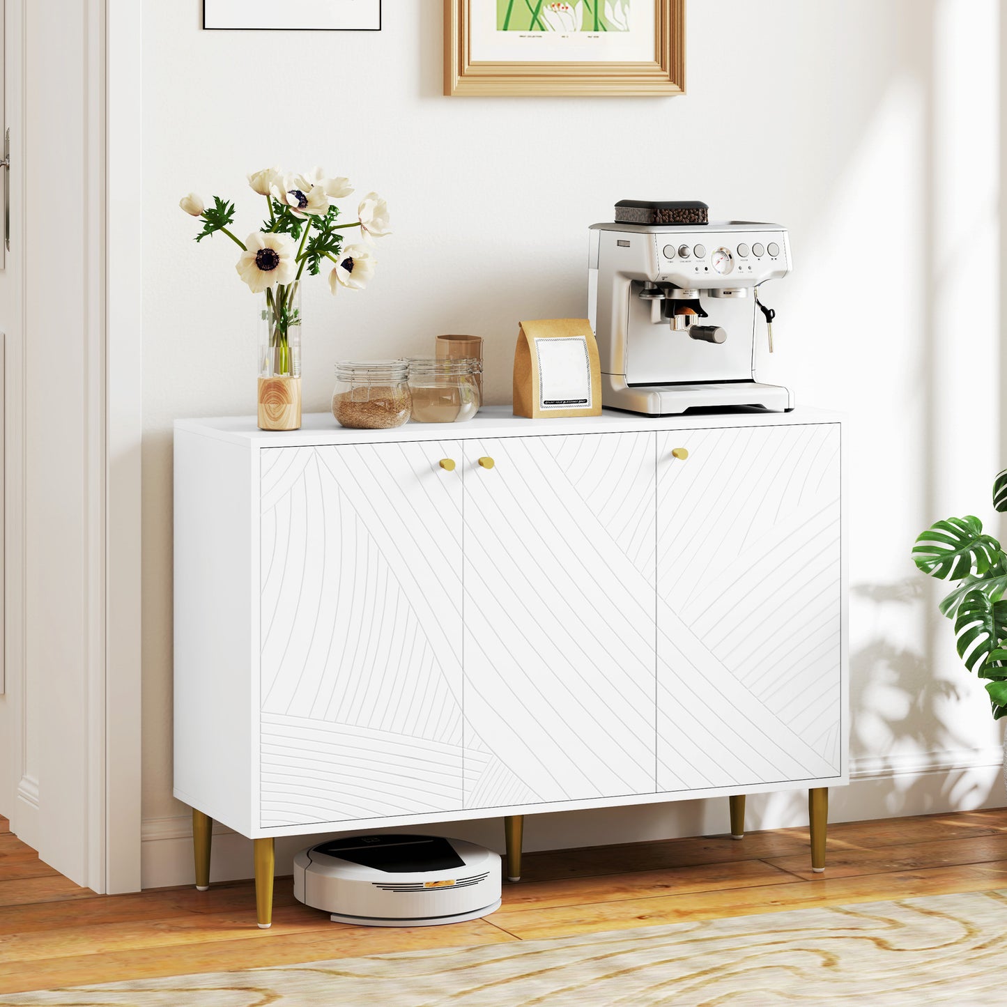 Buffet – Dressoir – Opbergkast – Tv-meubel – Kast – Wit Met Gouden Accenten – Verstelbare Legplanken – Stalen Antislip Poten