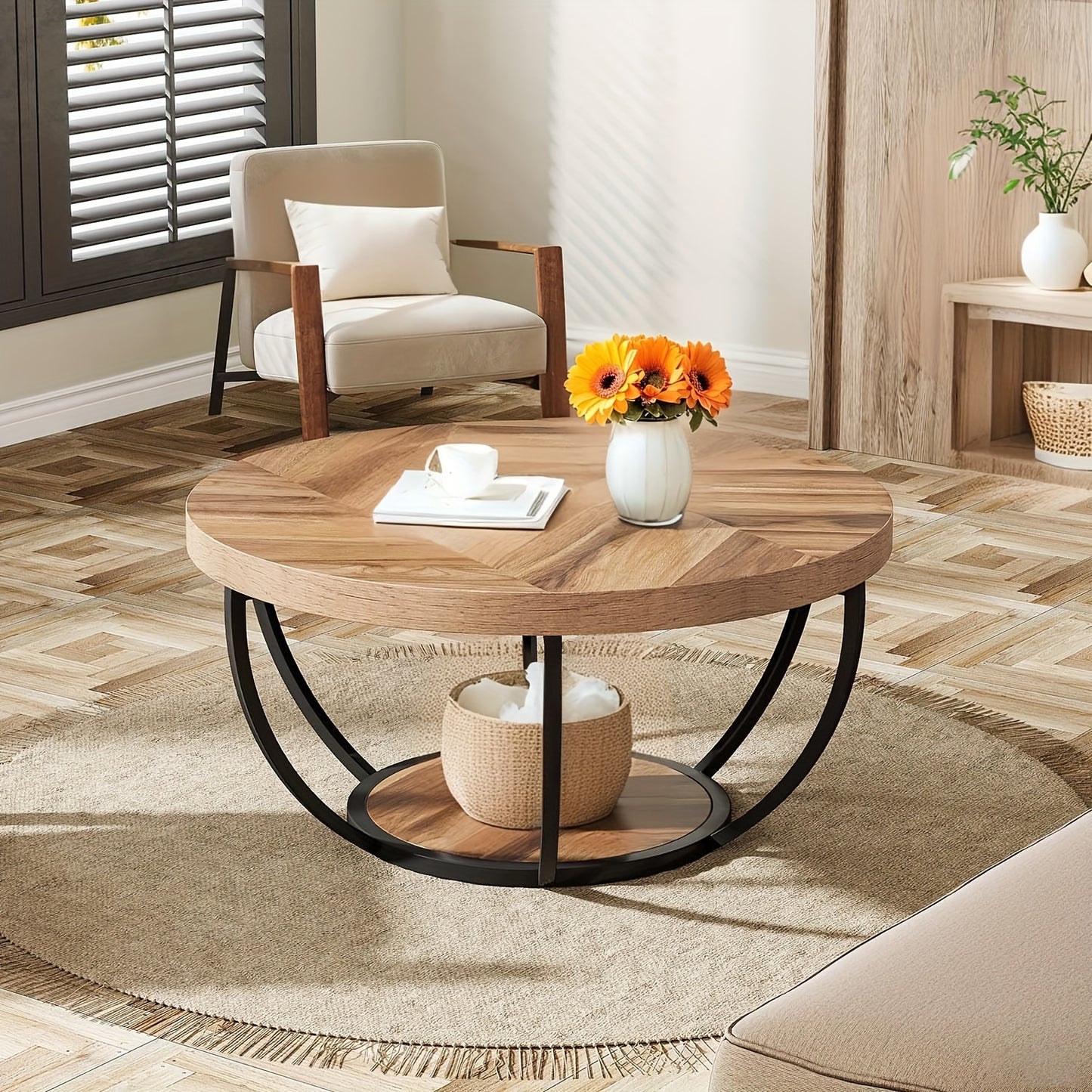 Ronde Salontafel – Koffietafel – Bijzettafel – Tafel – Woonkamertafel – Houtnerf Uitvoering – 2 Ladeplateaus – Ruim Opbergvlak – Metalen Frame – 80,5 cm Diameter – Eenvoudige Montage