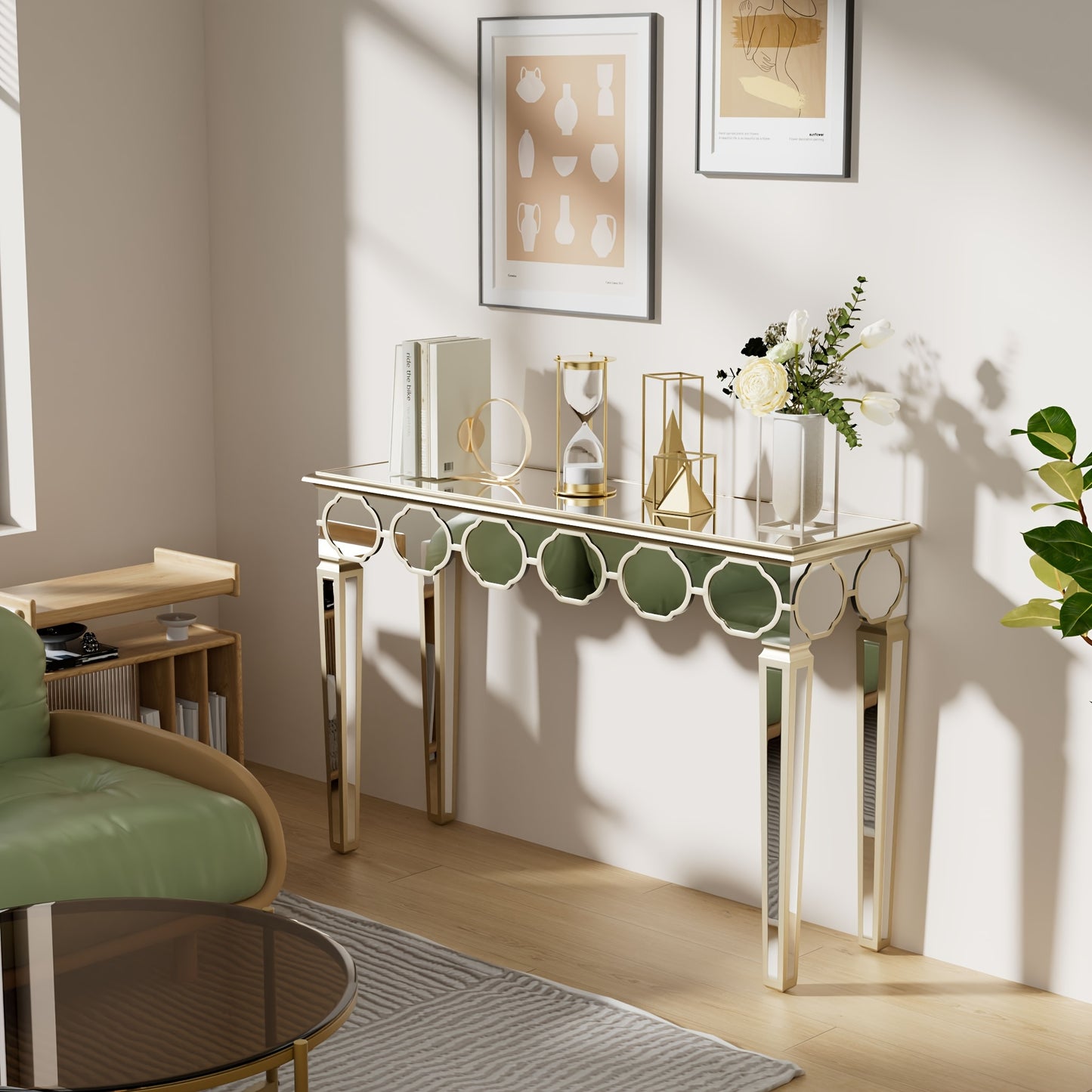 Spiegelconsole – Sidetable – Kaptafel – Haltafel – Make-uptafel – Luxe Design – Groot Formaat 120x35x76 cm – Lichtgouden Frame