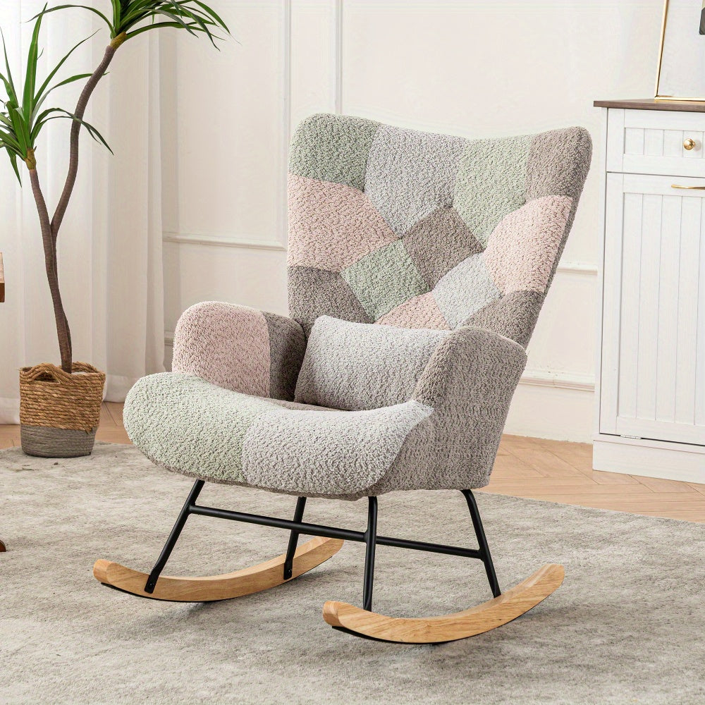 Schommelstoel – Lounge Chair – Fauteuil – Relaxstoel – Tuinstoel – Met rubberhouten frame – Memory foam zitkussen & lendensteun – Inclusief voetenbankje (49x38x37 cm) – Multicolor design