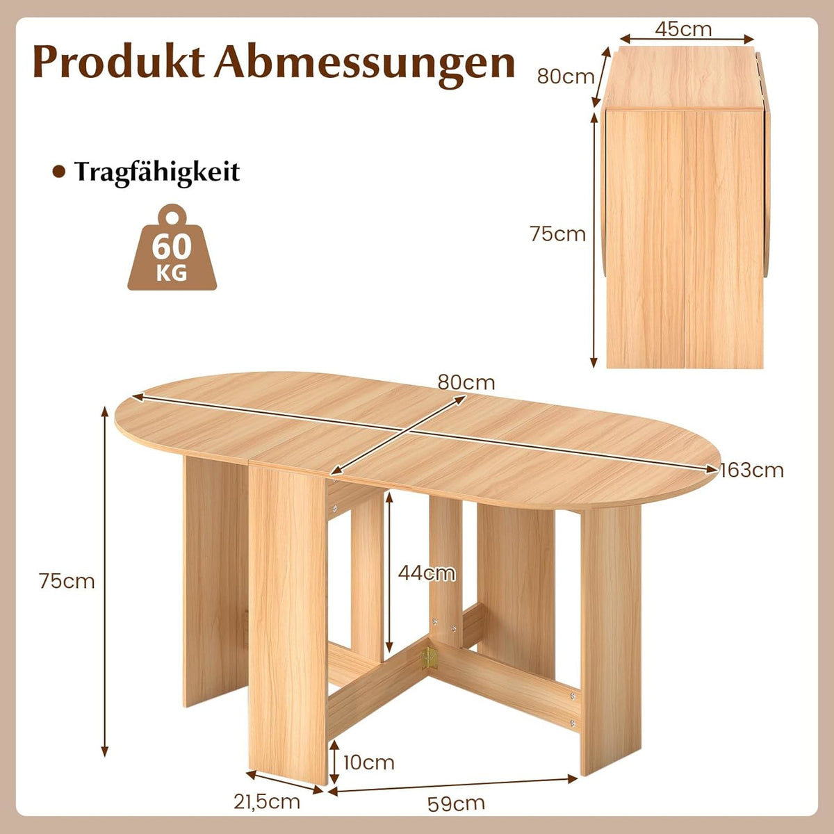 Opvouwbare Eettafel – Klaptafel – Houten Tafel – Keukentafel – Eetkamertafel – Geschikt voor 4-7 Personen – Duurzaam Hout – Max Belastbaar 60 kg