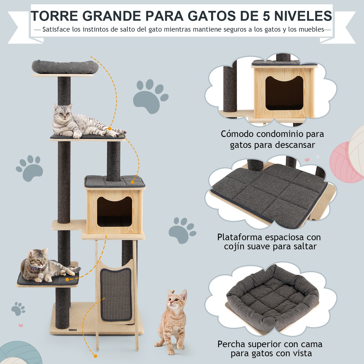 Krabpaal – Kattenboom – Krabmeubel – Kattentoren – Kattenhuis – Volledig Sisal – Pluche Mand – Ruime Condo – Modern Design