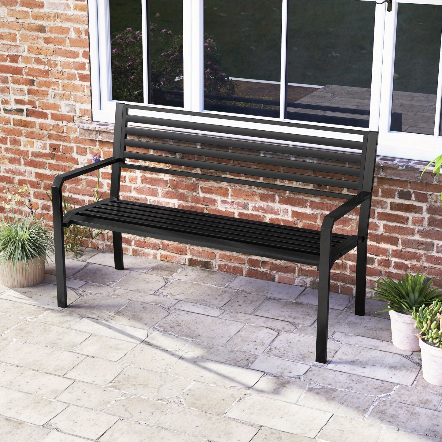 Metalen Tuinbank – Parkbank – Buitenbank – Terrasbank – Tuinmeubel – Robuuste Constructie – Comfortabel Slatted Design – Zwart – 2-3 Personen – 127 cm