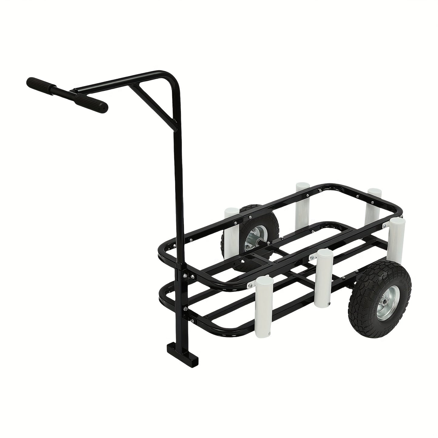 Vistuigwagen – Viswagen – Outdoor Kar – Viskar – Campingkar – Zwarte uitvoering – Hoogwaardig Koolstofstaal – Dubbele Rubber Wielen – 7 Hengelhouders – Antislip Handvat – Verstelbare Voorpoot voor Stabiliteit