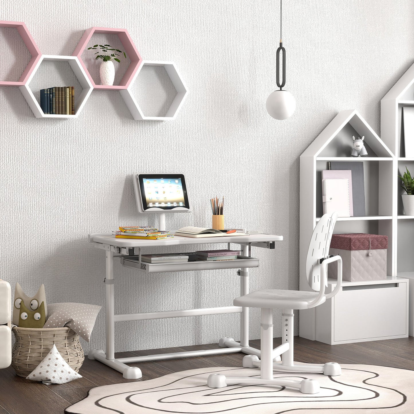 Kinderbureau met Stoel – Kindertafel – Schrijftafel – Studiehoek – Speeltafel – 45° Verstelbaar Werkblad – Hoogte Verstelbaar Grijs