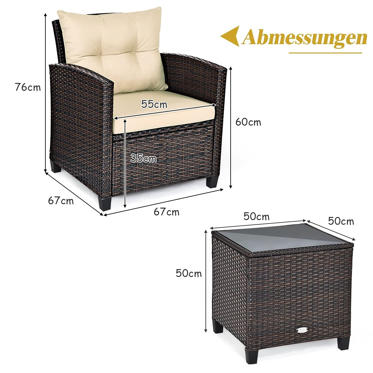 Tuinset – Rattan Tuinmeubelen – Polyrattan Zitgroep – Bistroset – Loungeset – 3-delig – Weerbestendig Stalen Frame – Inclusief Zitkussens en Glazen Tafelblad