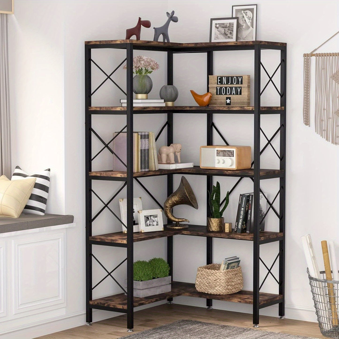 Industriële Hoek Boekenkast – Boekenplank – Opslagrek – Display Rek – Opbergmeubel – Rustiek Modern – Met Metaalframe & Houten Planken – Verstelbare Voetjes & X-Bar Stabiliteit