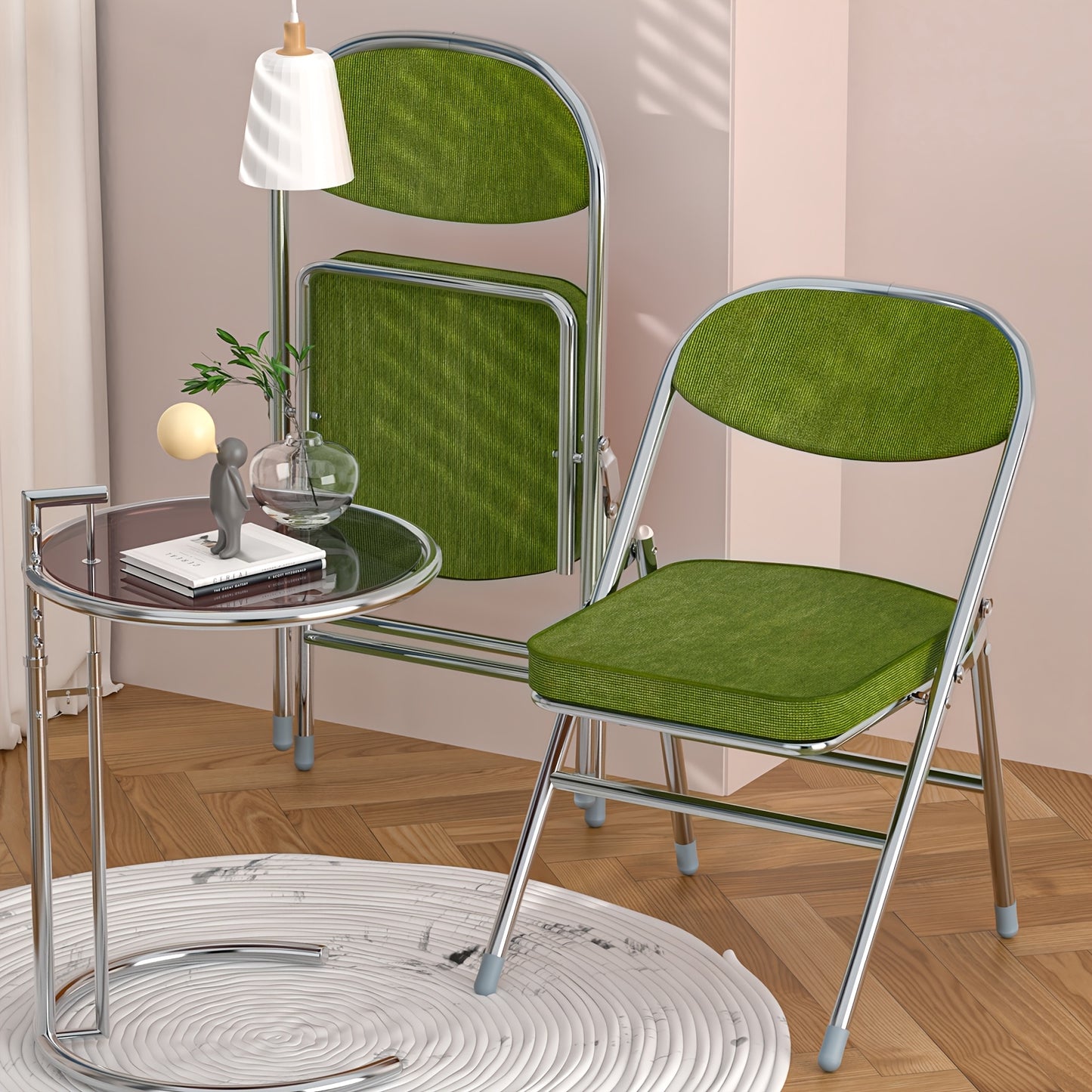 4pcs Corduroy Folding Chair Set - 41x41x79cm Portable Folding Chairs, Comfortable Padded Seat, for Indoors, Outdoors, Patio - Sturdy, Space-Saving, Seat Height 45cm (Olive Green), Compact Dining Seating, Space Saving Chairs,