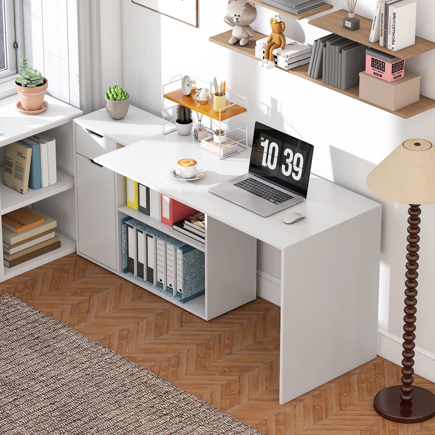 Bureau – Werkplek – Schrijftafel – Computertafel – Flexibele Bureau – Wit Met Houten Accenten – 2-Laagse Kast Met Lade En Open Planken