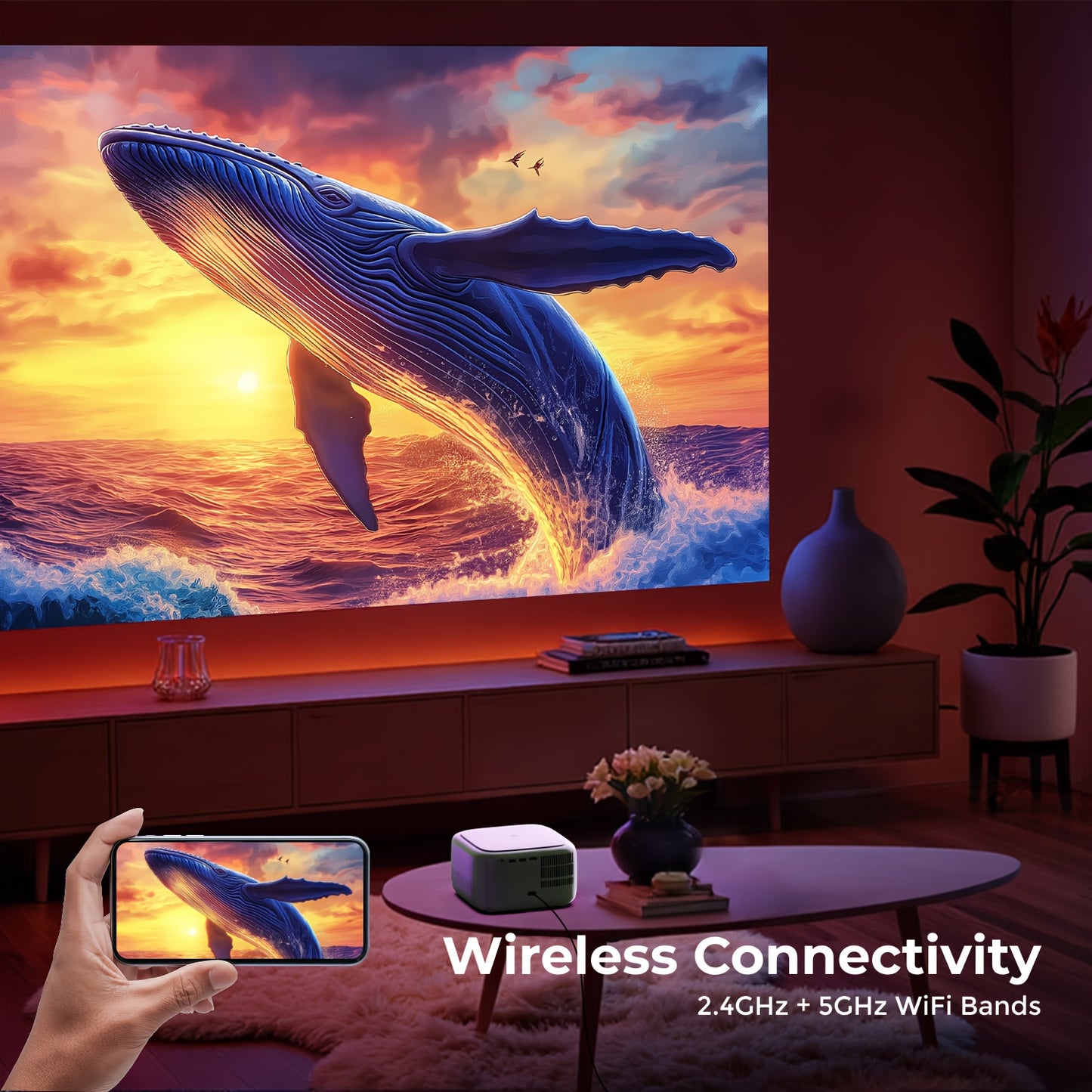 Mini Projector – Mini Beamer – Draagbare Projector – Mobiele Beamer – Pocket Projector – 300 ANSI Lumen – Native 720p Resolutie – Dual-band WiFi – Draadloos Streamen