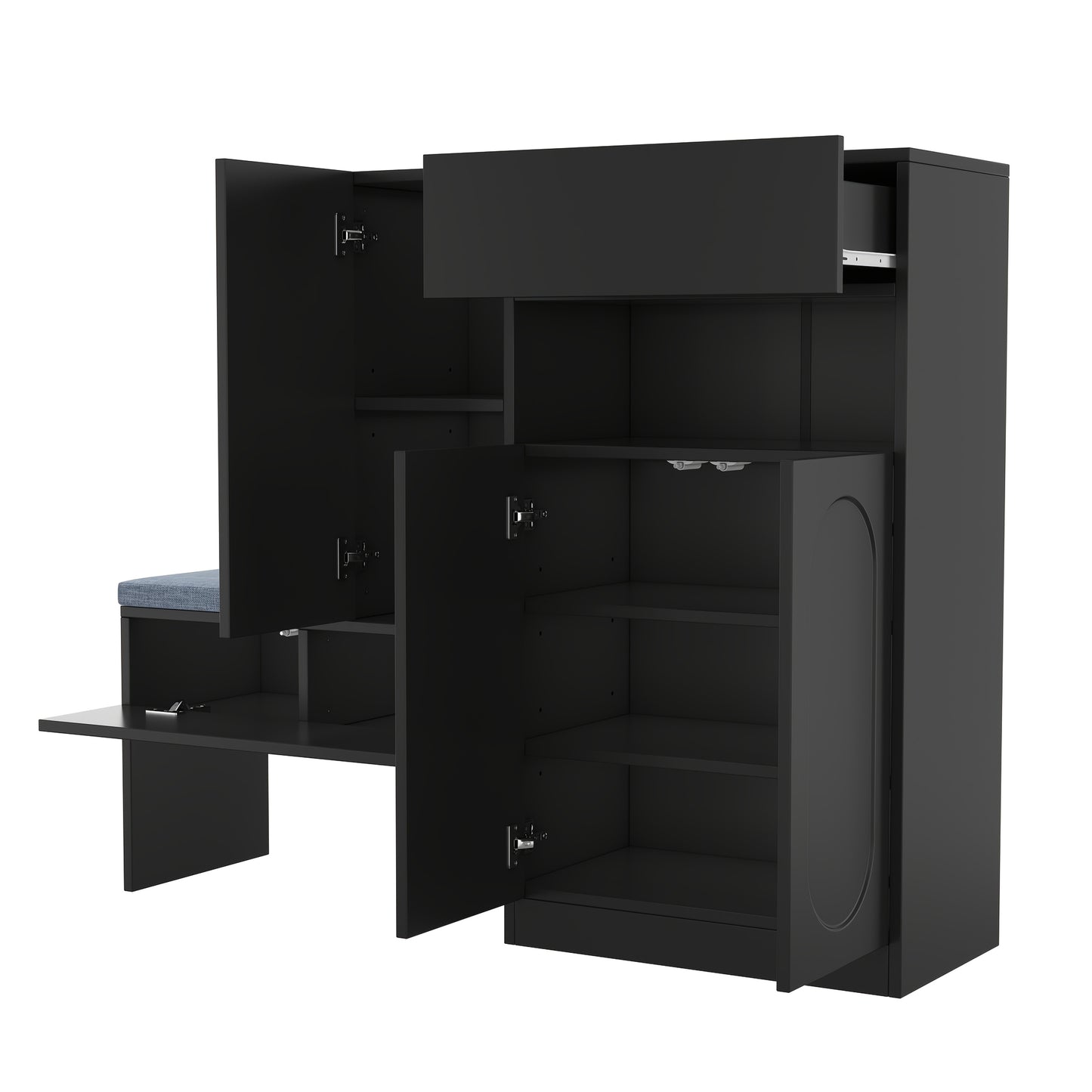 Modern Entryway Storage Cabinet with Hinged Doors - Heavy-Duty Metal Construction, Space-Saving Shoe Organizer with Upholstered Bench, Height-Adjustable Compartments, Curved Door Design for Hallway, Living Room, Bedroom - No