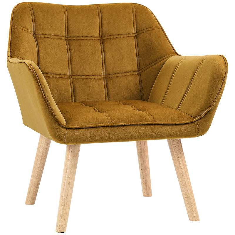 Scandinavian Modern Accent Chair with Mustard-Yellow Velvet-Like Upholstery - Heavy-Duty 120kg Weight Capacity, Rubberwood Legs & Easy Assembly - Vibrant Yellow Armchair for Living Room, Bedroom, Office - Durable Comfortable