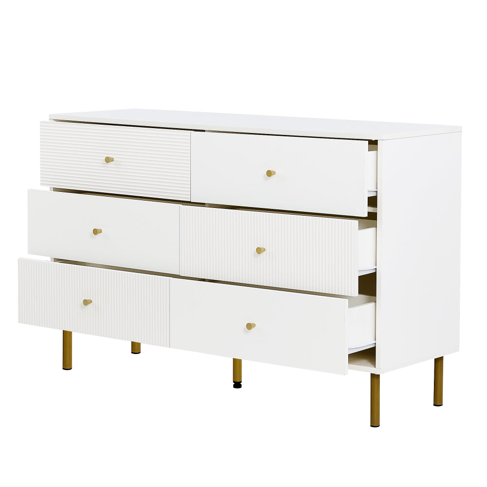 Ladekast – Ladenkast – Kommode – Opbergkast – Dressoir – Wit Met 6 Lades – Gouden Zinklegering Handgrepen – Steviele Stalen Poten – 120x40x78 cm – Modern Minimalistisch Design