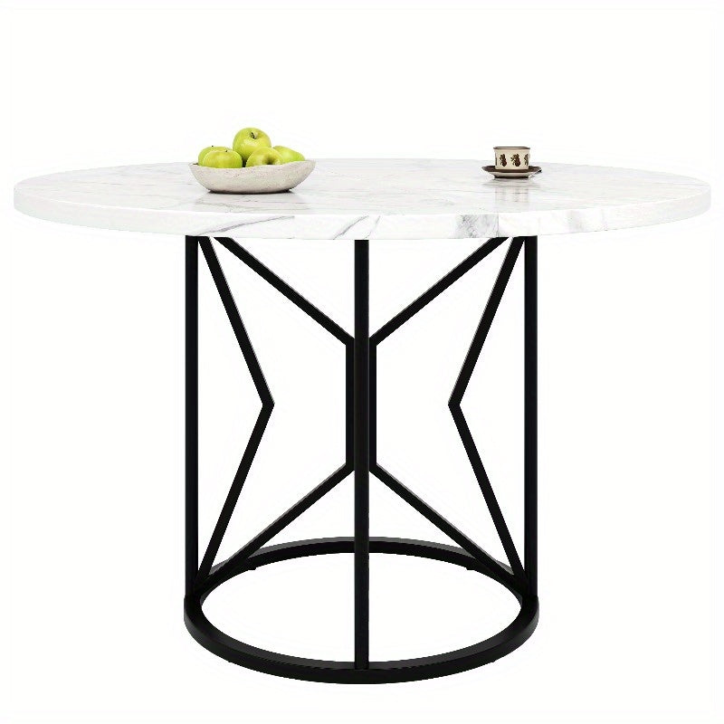 Round Dining Table 100cm/39.37" Marble-Like White & Grey Top with Black Metal Legs - Sturdy Geometric Base, Space-Saving Design for 4-6 People, Classic Modern Kitchen/Dining/Living Room Table, Easy-Clean Surface, No Assembly